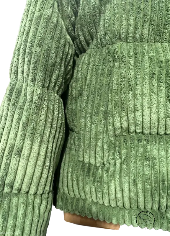 Cozy olive-green corduroy cotton coat with plush ribbed puffer texture