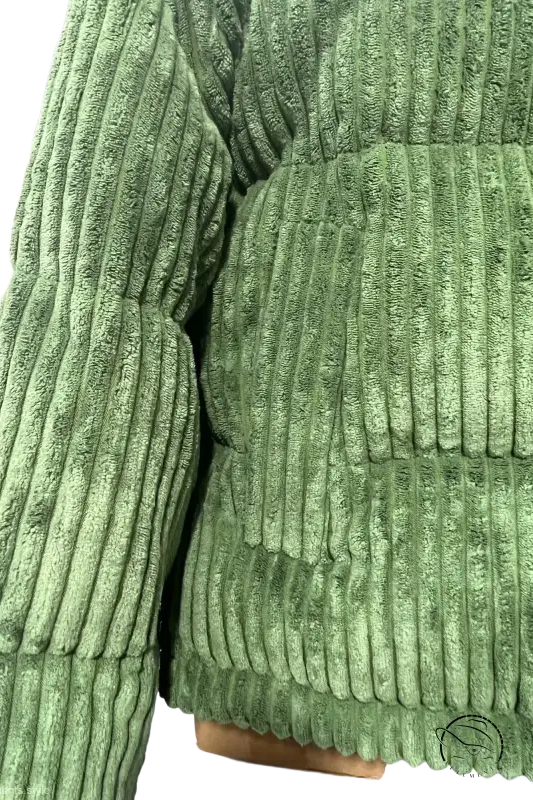 Cozy olive-green corduroy cotton coat with plush ribbed puffer texture
