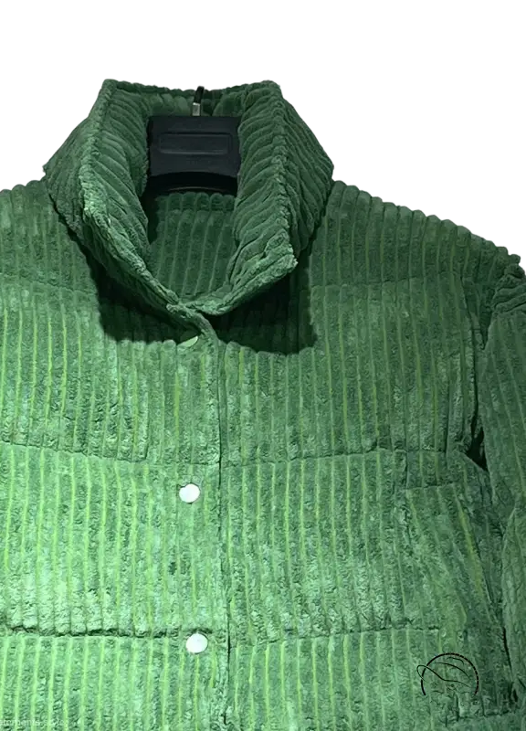 Forest green corduroy cotton coat with high collar and white buttons