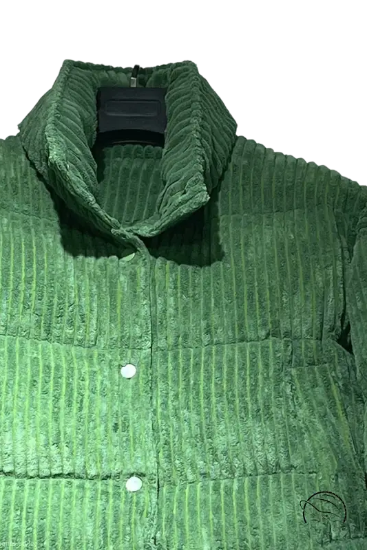 Forest green corduroy cotton coat with high collar and white buttons