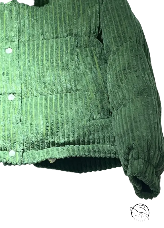 Cozy green corduroy cotton coat with white buttons and quilted design