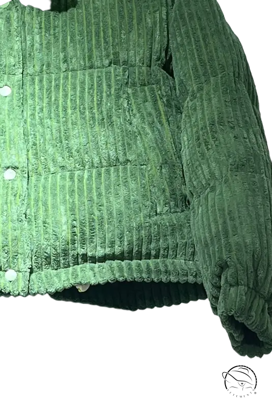 Cozy green corduroy cotton coat with white buttons and quilted design