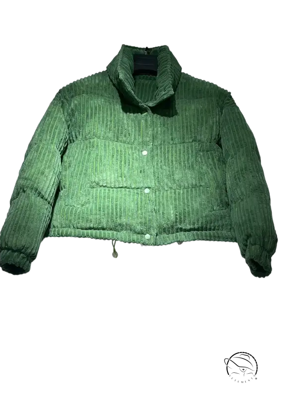Green corduroy cotton coat with high collar and button closures