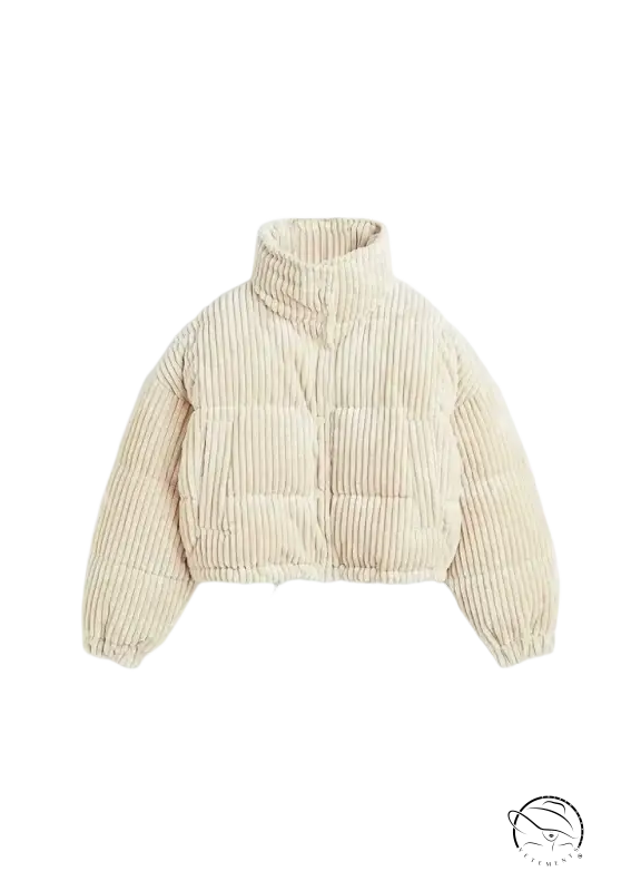 Beige corduroy cotton coat with high collar and ribbed cuffs