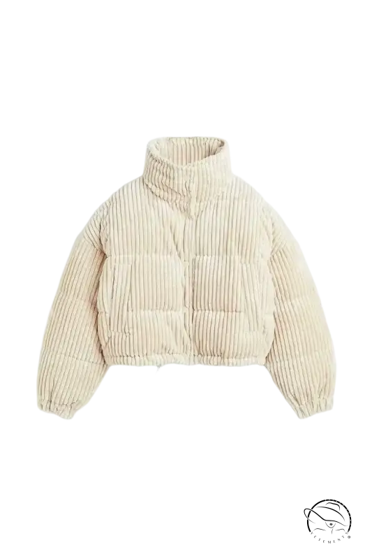 Beige corduroy cotton coat with high collar and ribbed cuffs