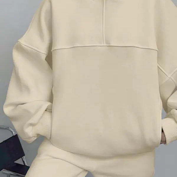 Cream-colored hooded sweatshirt with oversized sleeves from Casual Comfy Sweaters Winter Solid Color Two-Piece Set