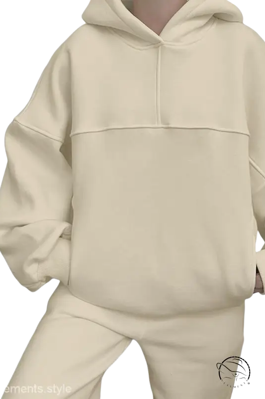 Cream-colored hooded sweatshirt in casual comfy sweaters two-piece winter solid color set