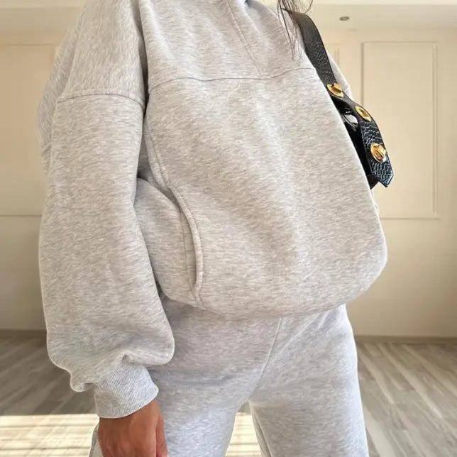Light gray casual comfy sweaters two piece set with matching hooded sweatshirt and sweatpants for winter