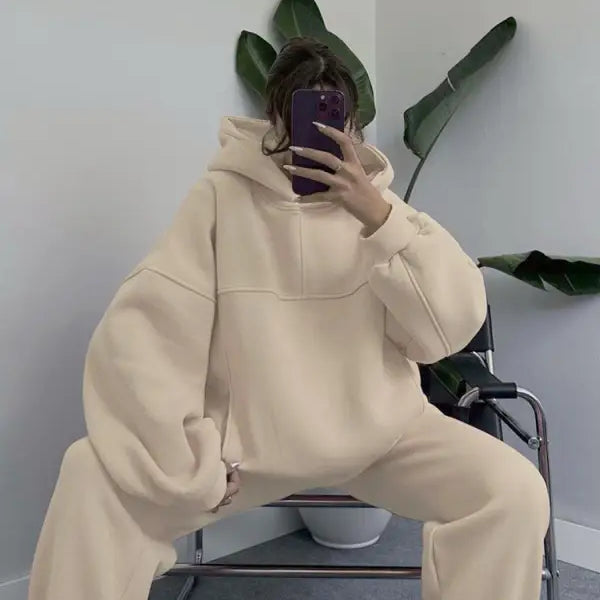 Oversized cream-colored casual comfy sweaters two piece set for winter solid color fashion