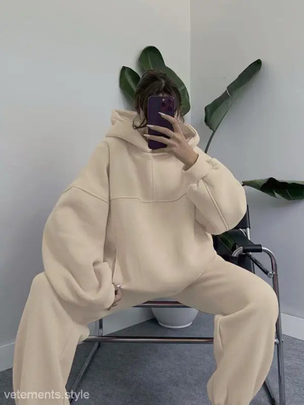 Oversized cream-colored casual comfy sweaters two piece set for winter solid color fashion