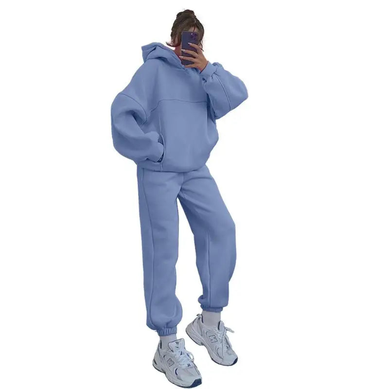Light blue casual comfy sweaters two piece set with matching hoodie and joggers for winter
