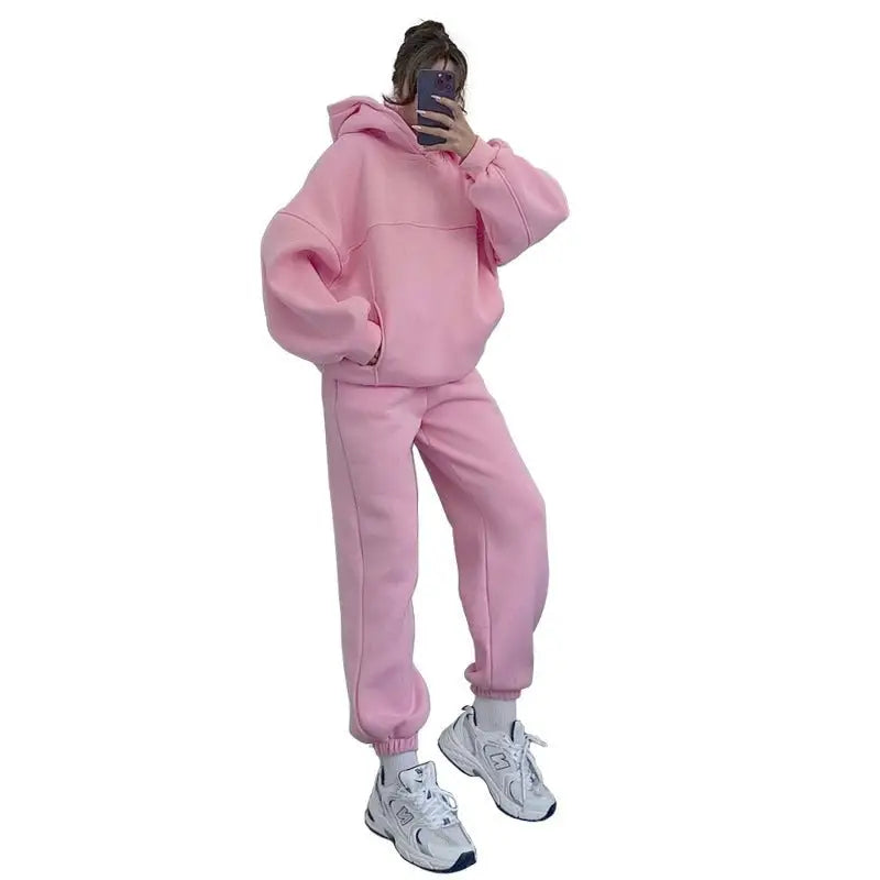 Pink casual comfy sweaters two piece set with hoodie, sweatpants, and white sneakers for winter