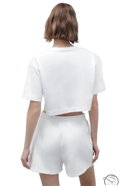 White crop top and Palo Alto set with text flock shorts