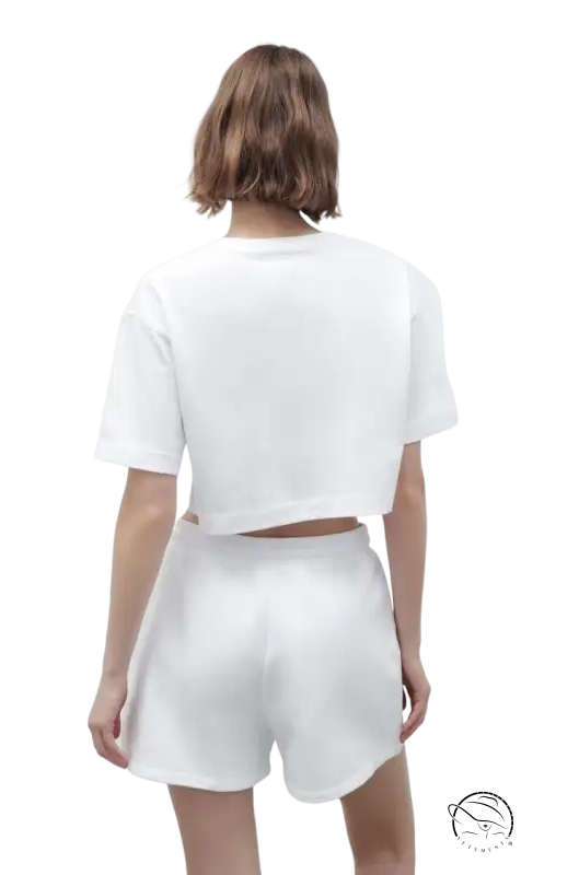 White crop top and Palo Alto set with text flock shorts