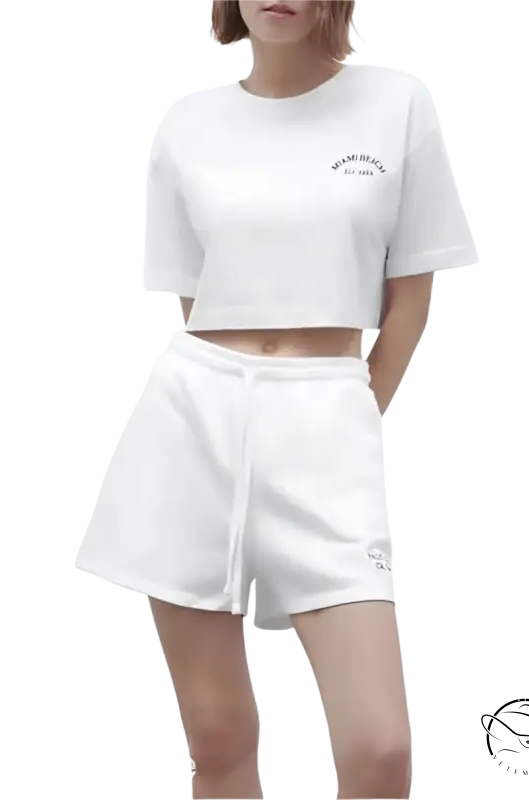 White crop top and Palo Alto set with text flock shorts