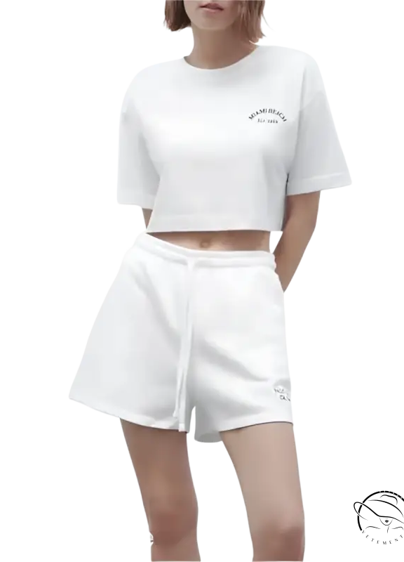 White crop top and Palo Alto set with text flock shorts