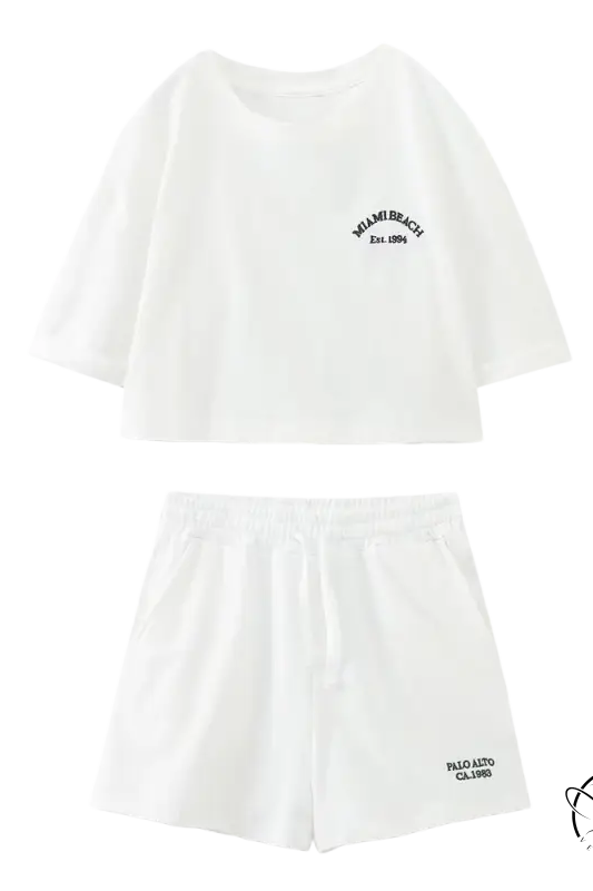 White Palo Alto set with two-piece text flock shorts