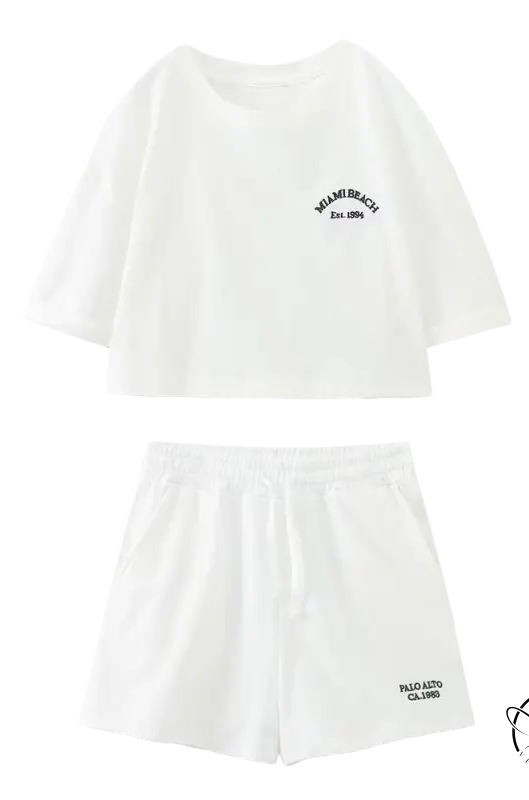 White Palo Alto set with two-piece text flock shorts