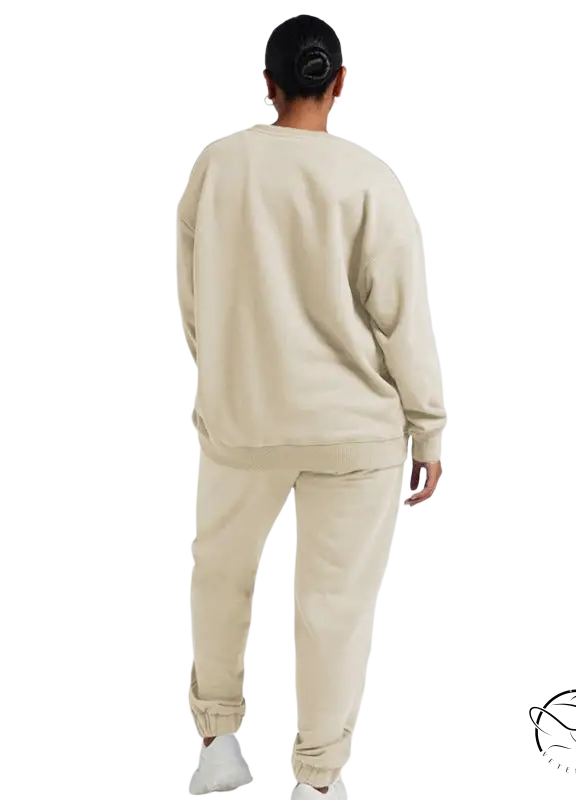 Cream-colored casual cozies two-piece long sleeve sweater and trousers suit