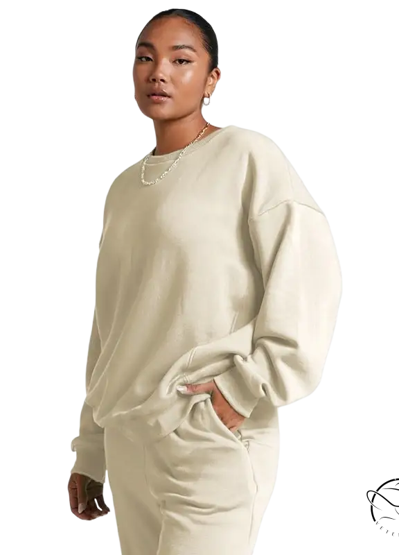 Cream-colored long sleeve sweater from Casual Cozies Two-Piece casual trousers suit