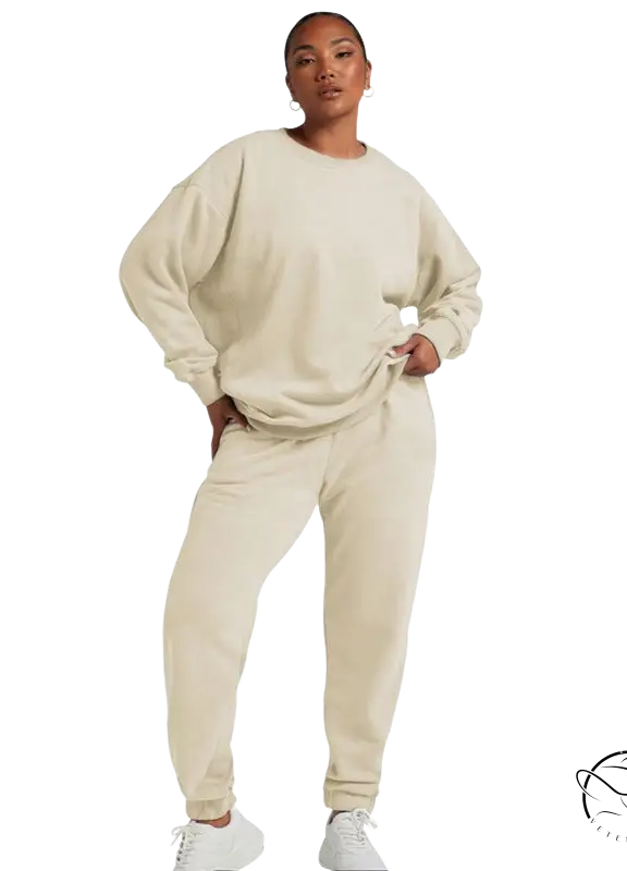 Cream-colored Casual Cozies Two-Piece Set with long sleeve sweater and trousers