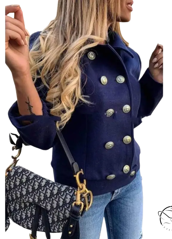 Navy blue double breasted jacket with metallic buttons and loose fit for fall