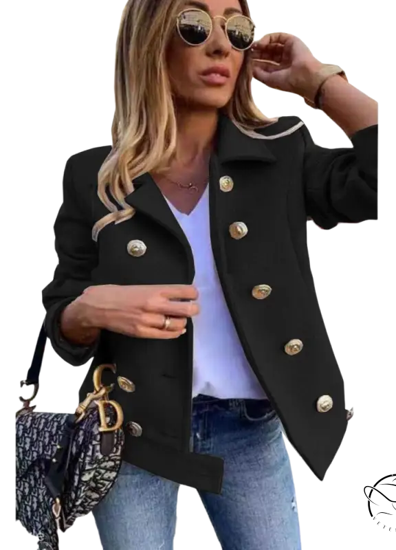 Black double-breasted jacket with gold buttons over white top and jeans