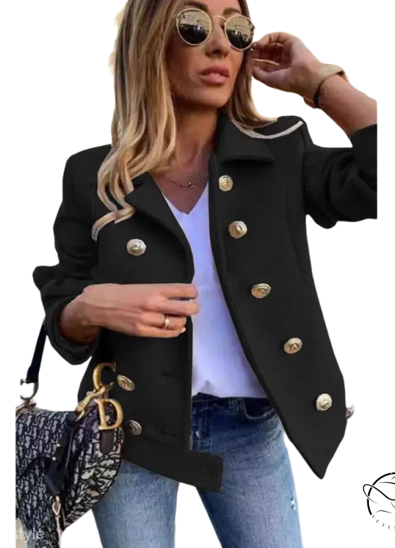 Stylish black double breasted jacket with gold buttons over white top and jeans