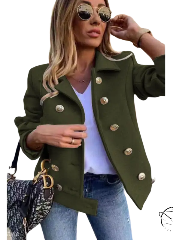Stylish olive green double breasted jacket with gold buttons for fall winter