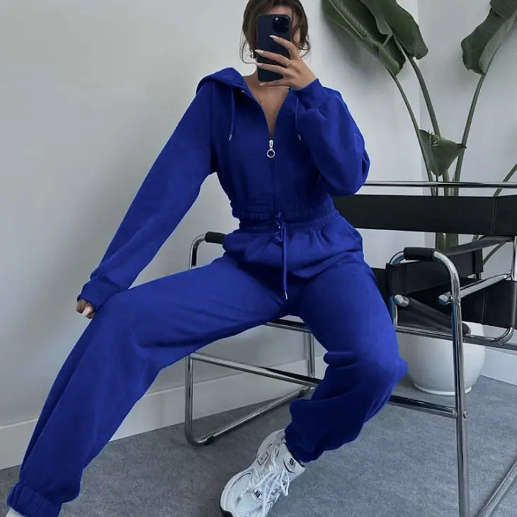 Bright blue casual exercise suit with winter hooded zipper and hooded zipper waist for spring and fall