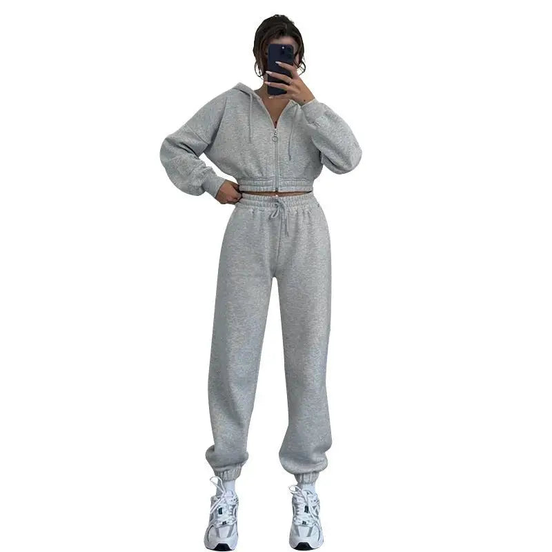 Gray casual exercise suit with hooded zipper and hooded zipper waist for spring and fall