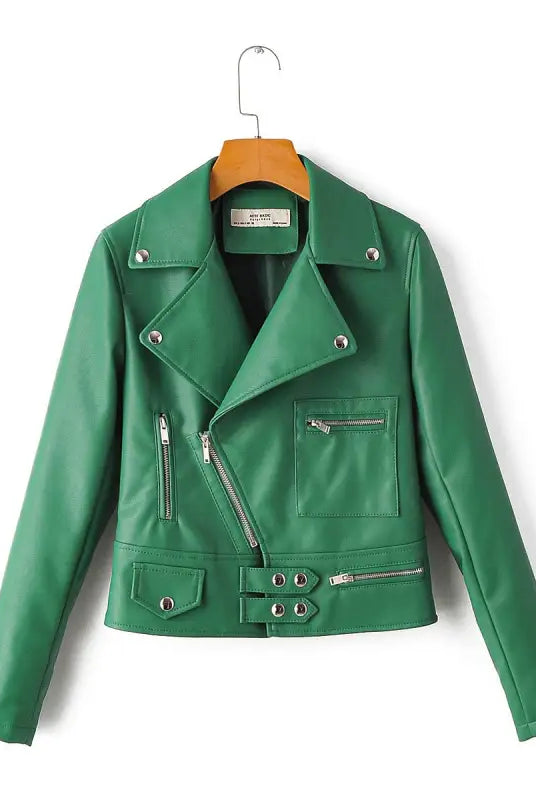 Green washed faux leather biker jacket with silver zippers and studs for fall/winter wear