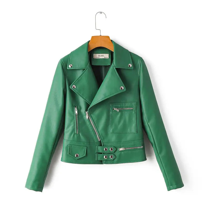 Green washed faux leather biker jacket with silver zippers and studs for fall/winter wear