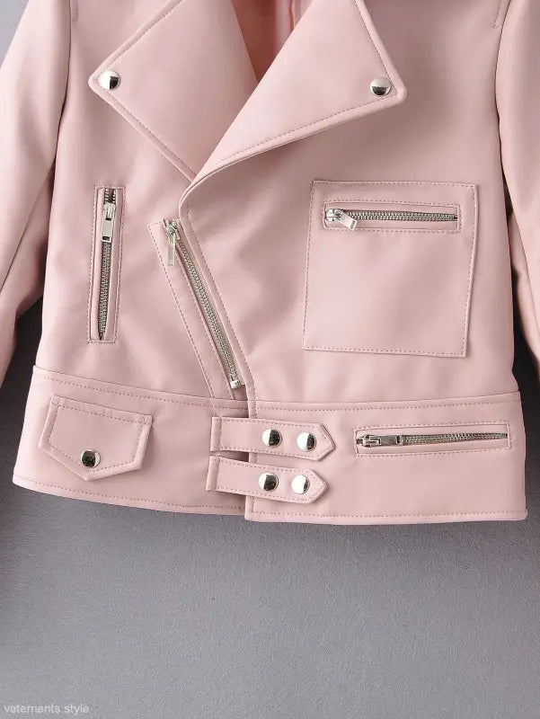 Pale pink washed faux leather biker jacket with zippers and pockets for fall winter wear