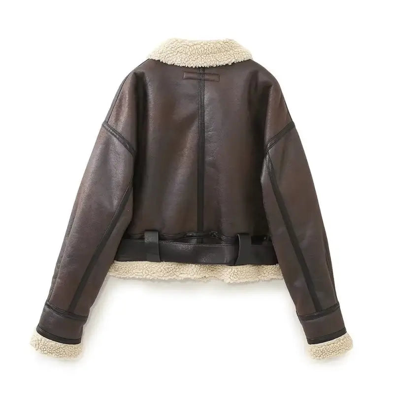 Brown faux shearling jacket with cream shearling collar and cuffs, perfect for jacket locomotive style
