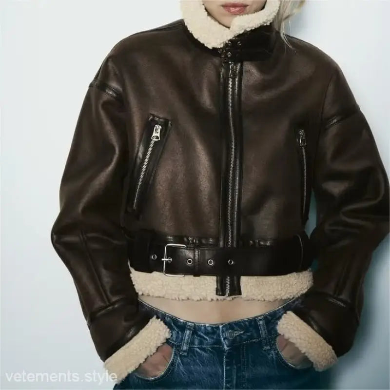 Brown faux shearling jacket with shearling trim, belted waist, from Jacket Locomotive