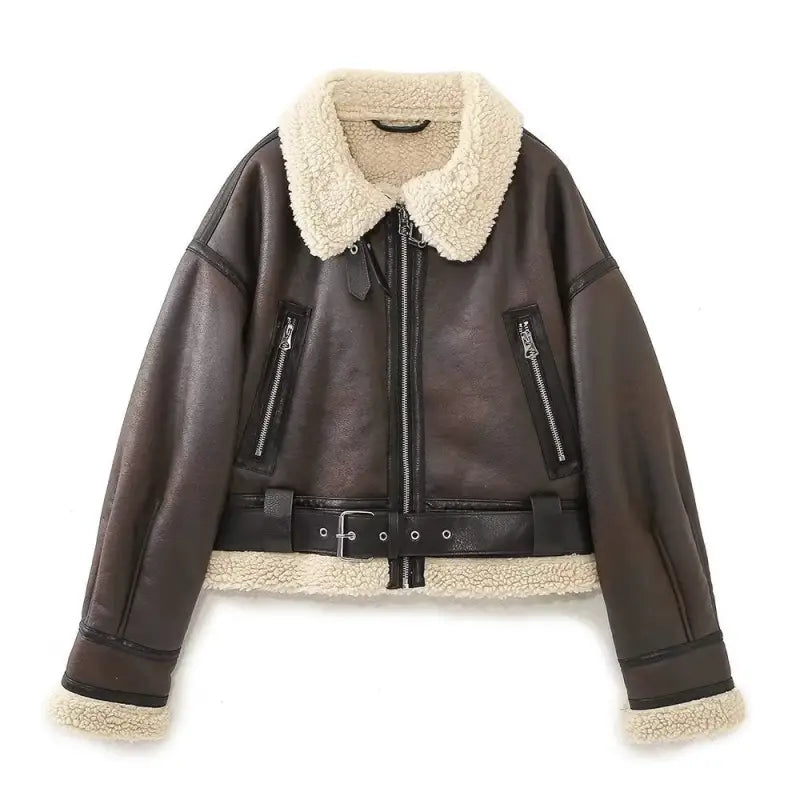 Brown leather aviator jacket with cream faux shearling collar and trim, perfect as a shearling jacket locomotive