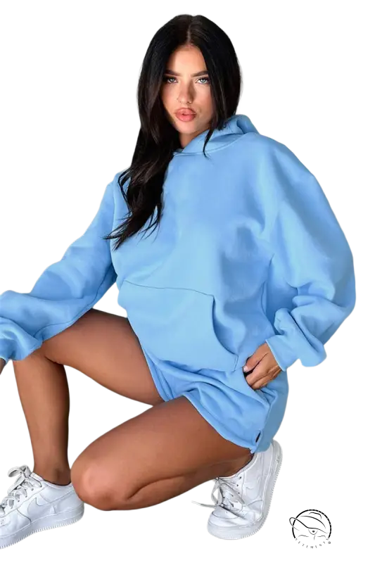 Light blue casual fit long sleeved hooded sweater with front pocket