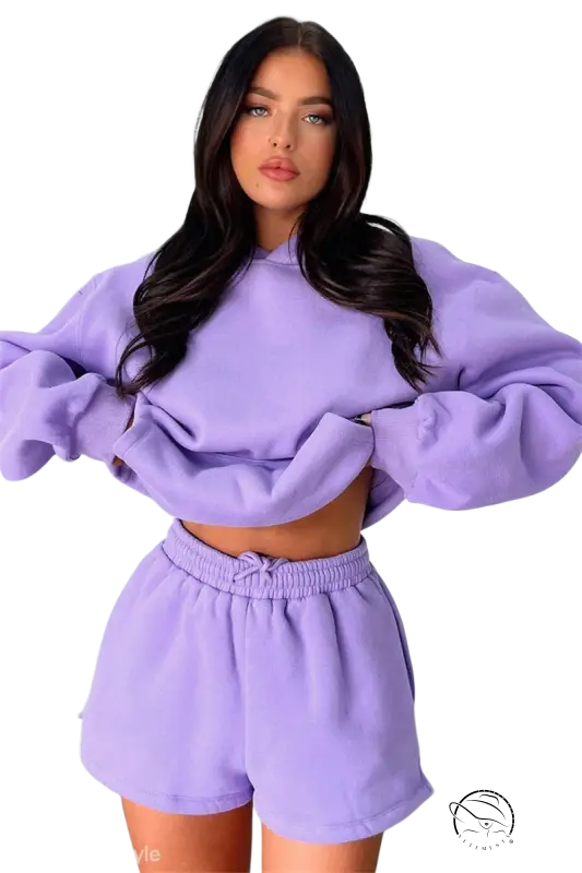 Lavender casual fit long sleeved hooded sweater with puffy sleeves and shorts