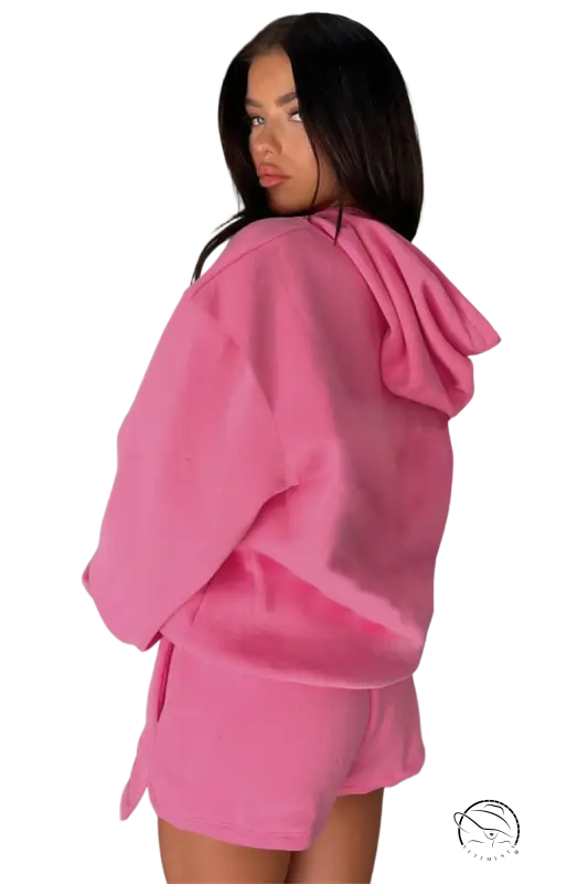 Pink casual fit long sleeved hooded sweater with shorts