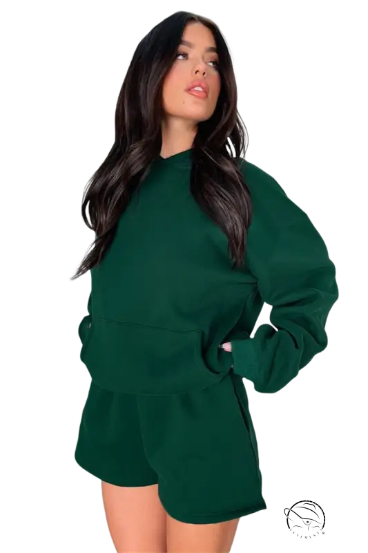 Dark green casual fit long sleeved hooded sweaters two piece set