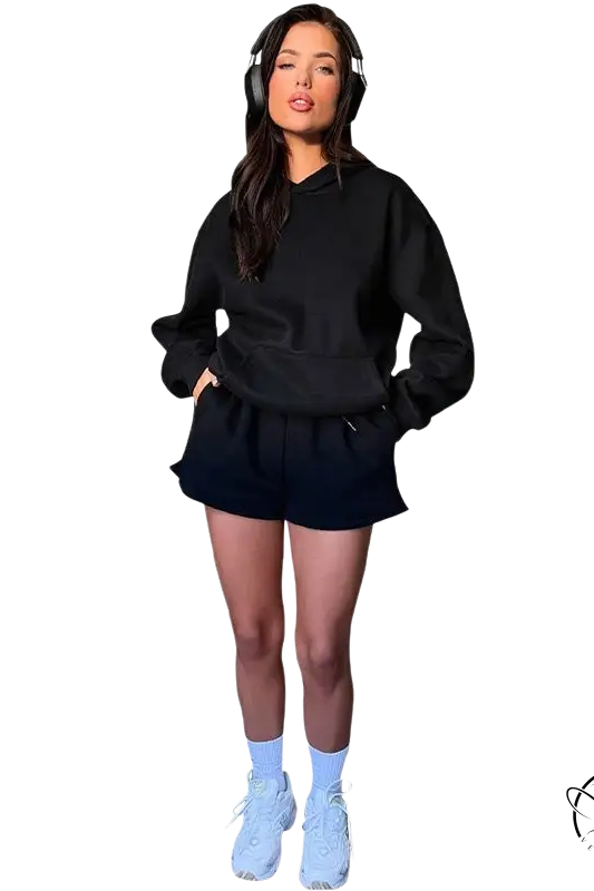 Black casual fit sweaters two piece: long sleeved hooded sweater with pockets