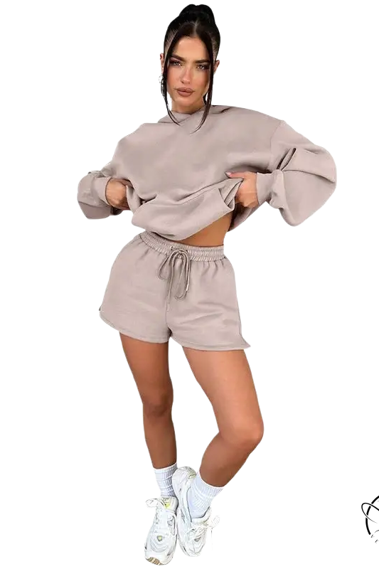 Beige casual fit long sleeved hooded sweater two piece set