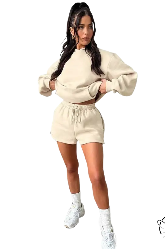 Cream-colored casual fit long sleeved hooded sweaters two piece set