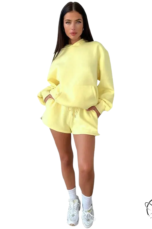 Yellow casual fit long sleeved hooded sweater with pockets and matching shorts