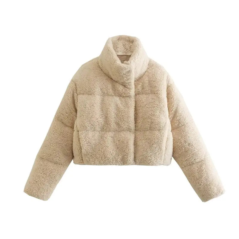 Beige fluffy cropped puffer jacket with high collar, ideal fleece cotton jacket for fall winter