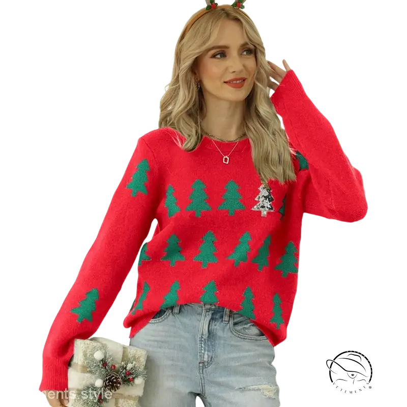 Red jacquard Christmas tree knitted sweater with green patterns and brooch