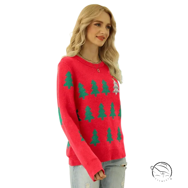 Woman in jacquard Christmas tree knitted sweater by decorated tree
