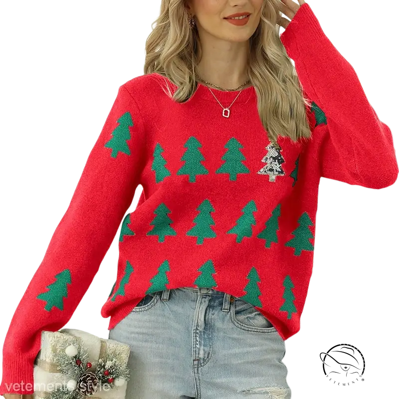 Red jacquard Christmas tree knitted sweater with green patterns and silver brooch
