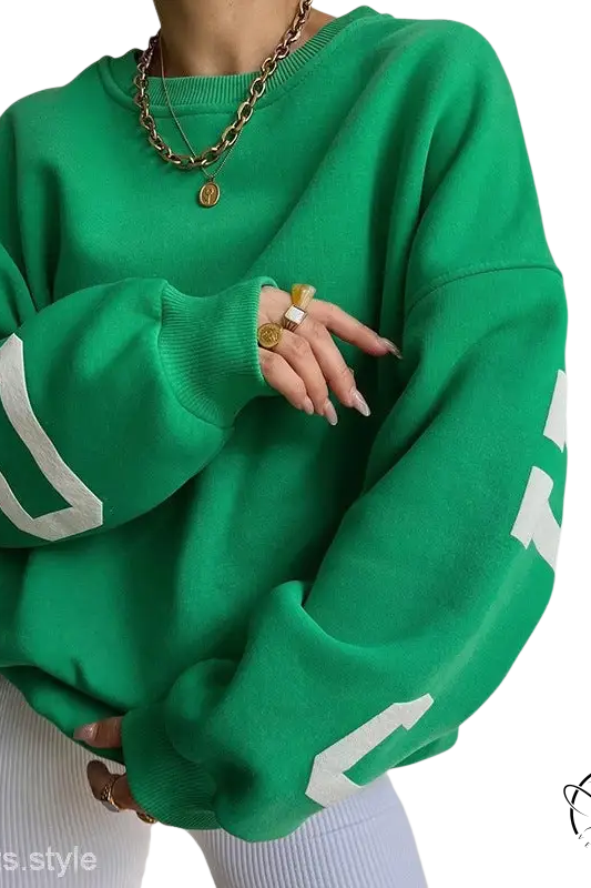 Green oversized knitted graphic printed hoodie for spring and fall